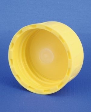 Plastikl&aring;g, gul, PP28 gevind, m/konus, 100stk