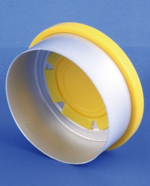 Garantikapsel 32mm, s&oslash;lv/gul, aluminium/PP, centerafrivelig