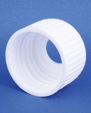 Skruekapsel, hvid, PP28 gevind, m/hul, t/medicinflaske