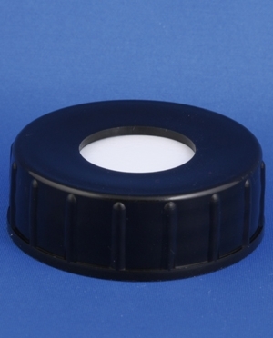 Lid, black, plastic, GL40 thread, w/20mm hole and liner, teflon coated