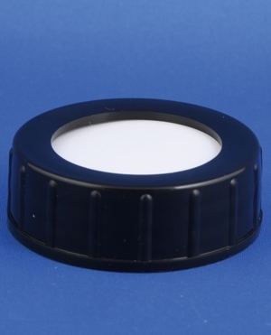 Lid, black, plastic, GL40 thread, w/30mm hole and liner, teflon coated