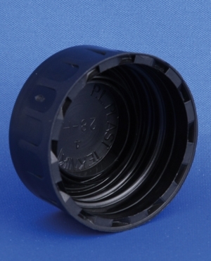 L&aring;g, sort, PP, PP28 gevind, til medicinflaske, m/ konus, sort, PP, 100stk